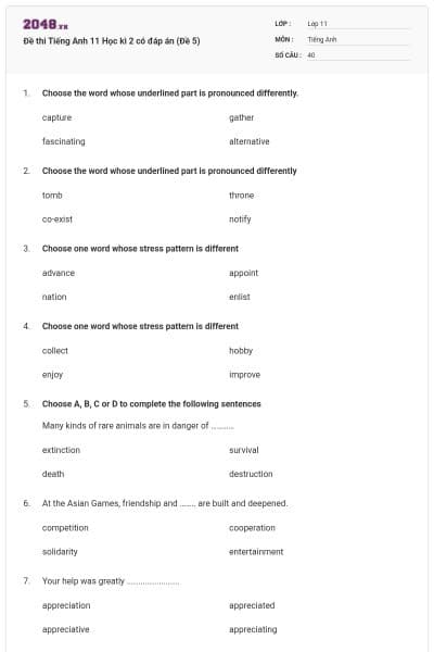 Đề thi Tiếng Anh 11 Học kì 2 có đáp án (Đề 5)