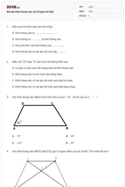 Bài tập Hình thang cân (có lời giải chi tiết)
