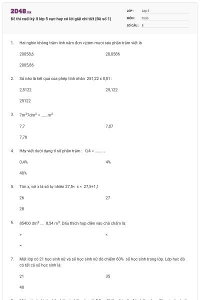 Đề thi cuối kỳ II lớp 5 cực hay có lời giải chi tiết (Đề số 1)