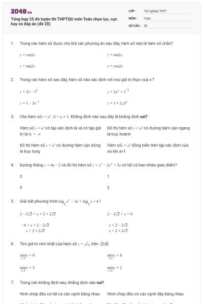 Tổng hợp 25 đề luyện thi THPTQG môn Toán chọn lọc, cực hay có đáp án (đề 20)