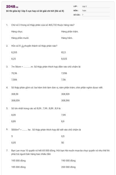 Đề thi giữa kỳ I lớp 5 cực hay có lời giải chi tiết (Đề số 8)