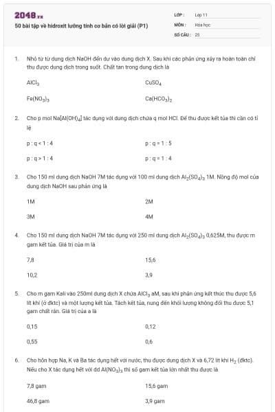 50 bài tập về hidroxit lưỡng tính cơ bản có lời giải (P1)