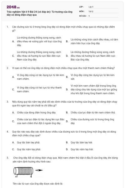 Trắc nghiệm Vật lí 9 Bài 24 (có đáp án): Từ trường của ống dây có dòng điện chạy qua