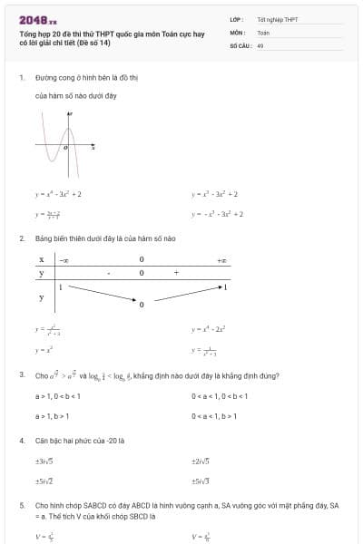 Tổng hợp 20 đề thi thử THPT quốc gia môn Toán cực hay có lời giải chi tiết (Đề số 14)