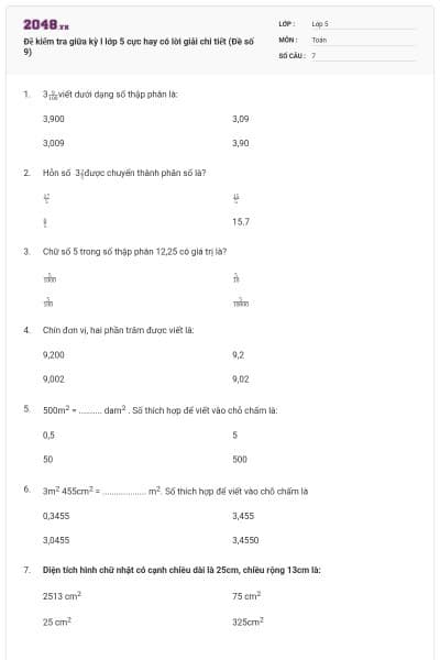 Đề kiểm tra giữa kỳ I lớp 5 cực hay có lời giải chi tiết (Đề số 9)