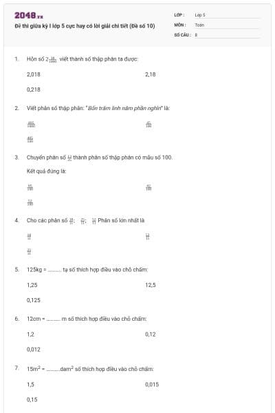 Đề thi giữa kỳ I lớp 5 cực hay có lời giải chi tiết (Đề số 10)