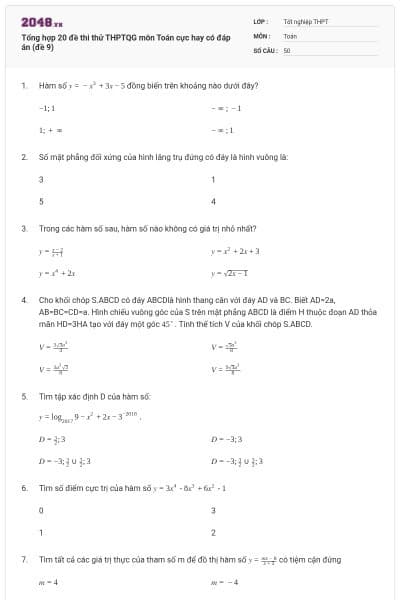 Tổng hợp 20 đề thi thử THPTQG môn Toán cực hay có đáp án (đề 9)