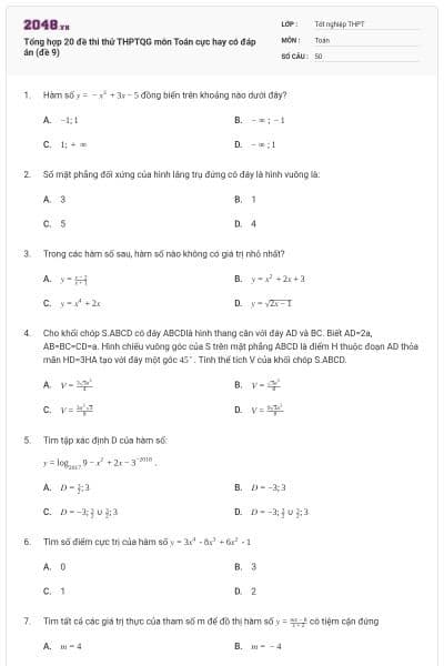 Tổng hợp 20 đề thi thử THPTQG môn Toán cực hay có đáp án (đề 9)