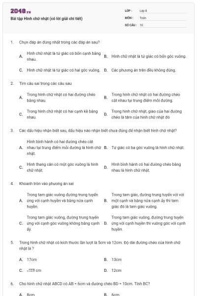 Bài tập Hình chữ nhật (có lời giải chi tiết)