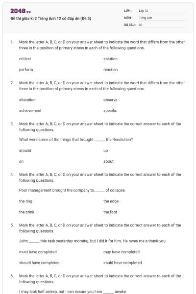 Đề thi giữa kì 2 Tiếng Anh 12 có đáp án (Đề 5)
