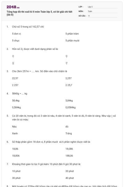 Tổng hợp đề thi cuối kì II môn Toán lớp 5, có lời giải chi tiết (Đề 8)