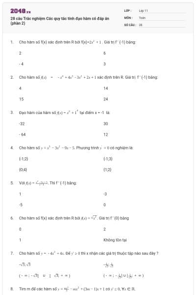 28 câu Trắc nghiệm Các quy tắc tính đạo hàm có đáp án (phần 2)