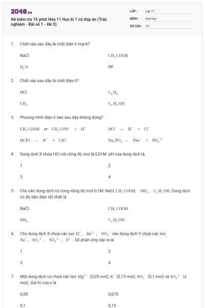 Đề kiểm tra 15 phút Hóa 11 Học kì 1 có đáp án (Trắc nghiệm - Bài số 1 - Đề 5)
