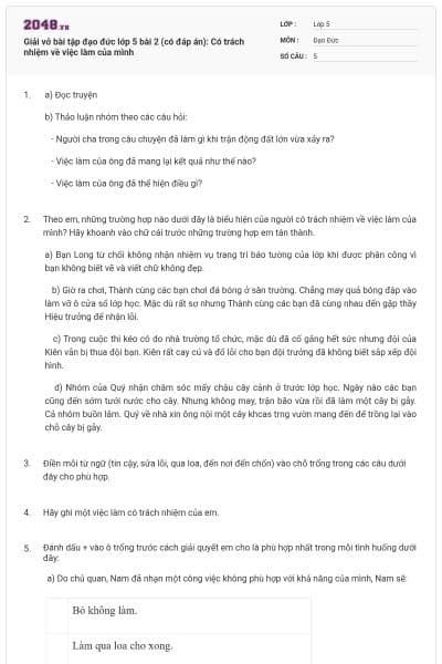 Giải vở bài tập đạo đức lớp 5 bài 2 (có đáp án): Có trách nhiệm về việc làm của mình