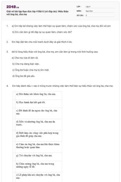 Giải vở bài tập Đạo đức lớp 4 Bài 6 (có đáp án): Hiếu thảo với ông bà, cha mẹ