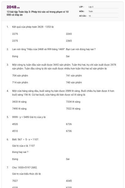 13 bài tập Toán lớp 3: Phép trừ các số trong phạm vi 10 000 có đáp án