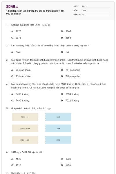 13 bài tập Toán lớp 3: Phép trừ các số trong phạm vi 10 000 có đáp án