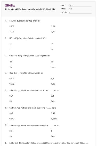 Đề thi giữa kỳ I lớp 5 cực hay có lời giải chi tiết (Đề số 11)