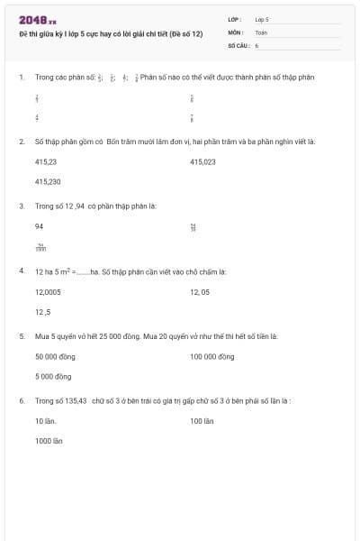 Đề thi giữa kỳ I lớp 5 cực hay có lời giải chi tiết (Đề số 12)