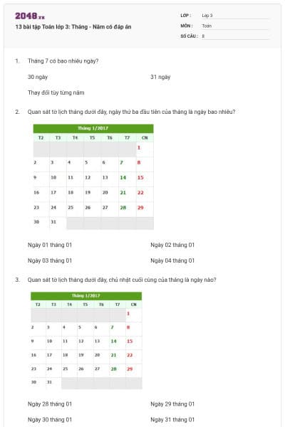 13 bài tập Toán lớp 3: Tháng - Năm có đáp án