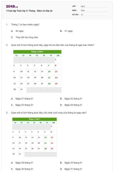 13 bài tập Toán lớp 3: Tháng - Năm có đáp án