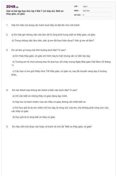 Giải vở bài tập Đạo đức lớp 4 Bài 7 (có đáp án): Biết ơn thầy giáo, cô giáo