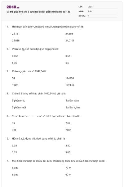 Đề thi giữa kỳ I lớp 5 cực hay có lời giải chi tiết (Đề số 13)