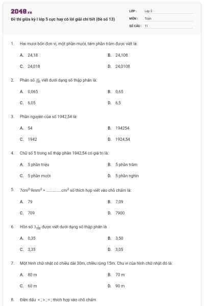 Đề thi giữa kỳ I lớp 5 cực hay có lời giải chi tiết (Đề số 13)