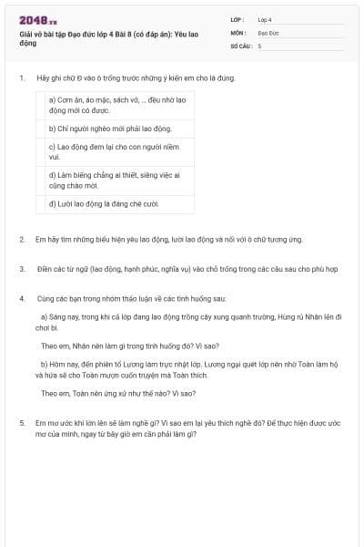 Giải vở bài tập Đạo đức lớp 4 Bài 8 (có đáp án): Yêu lao động