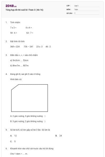 Tổng hợp đề thi cuối kì I Toán 3 ( Đề 16)