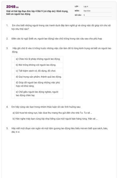 Giải vở bài tập Đạo đức lớp 4 Bài 9 (có đáp án): Kính trọng, biết ơn người lao động