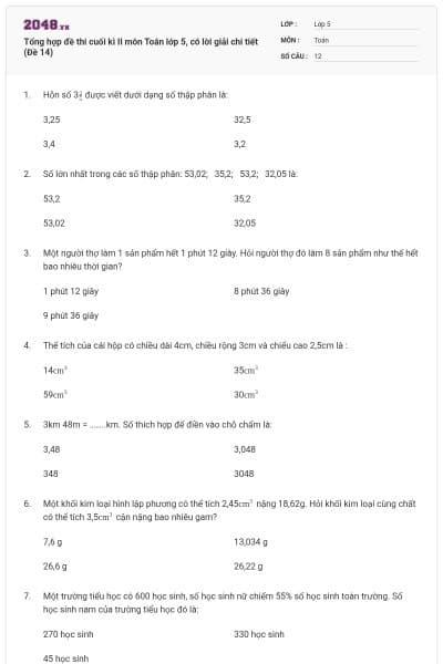 Tổng hợp đề thi cuối kì II môn Toán lớp 5, có lời giải chi tiết (Đề 14)