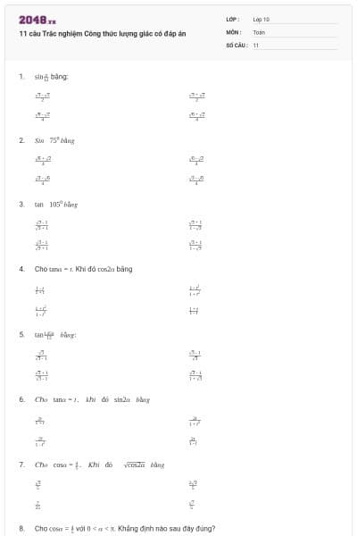 11 câu  Trắc nghiệm Công thức lượng giác có đáp án