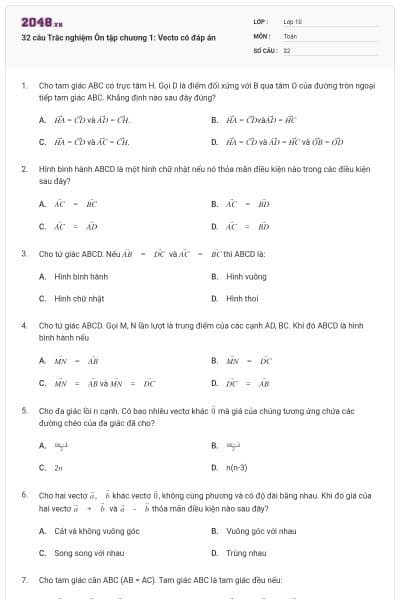 32 câu Trắc nghiệm Ôn tập chương 1: Vecto có đáp án
