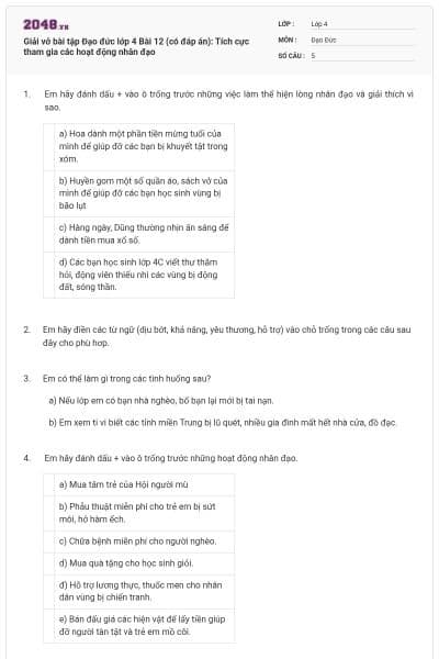 Giải vở bài tập Đạo đức lớp 4 Bài 12 (có đáp án): Tích cực tham gia các hoạt động nhân đạo