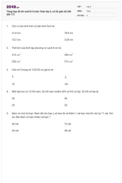 Tổng hợp đề thi cuối kì II môn Toán lớp 5, có lời giải chi tiết (Đề 17)