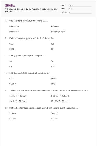Tổng hợp đề thi cuối kì II môn Toán lớp 5, có lời giải chi tiết (Đề 18)