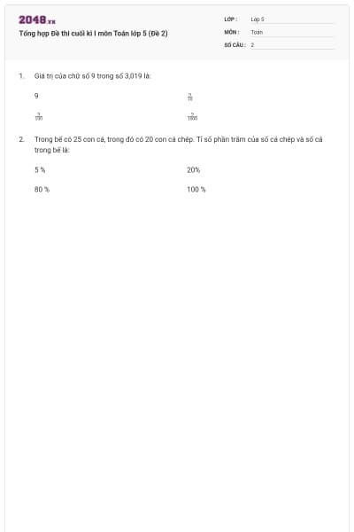 Tổng hợp Đề thi cuối kì I môn Toán lớp 5 (Đề 2)