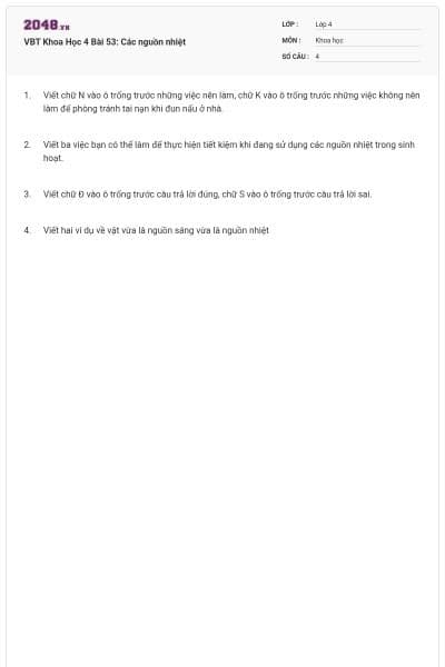 VBT Khoa Học 4 Bài 53: Các nguồn nhiệt