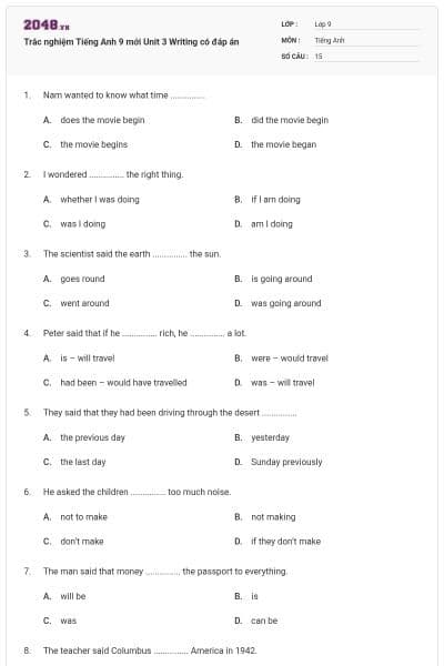 Trắc nghiệm Tiếng Anh 9 mới Unit 3 Writing có đáp án