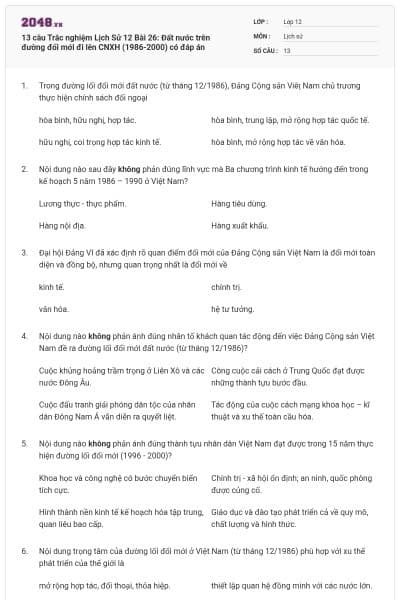 13 câu Trắc nghiệm Lịch Sử 12 Bài 26: Đất nước trên đường đổi mới đi lên CNXH (1986-2000) có đáp án