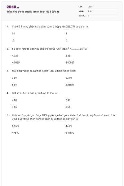Tổng hợp Đề thi cuối kì I môn Toán lớp 5 (Đề 3)