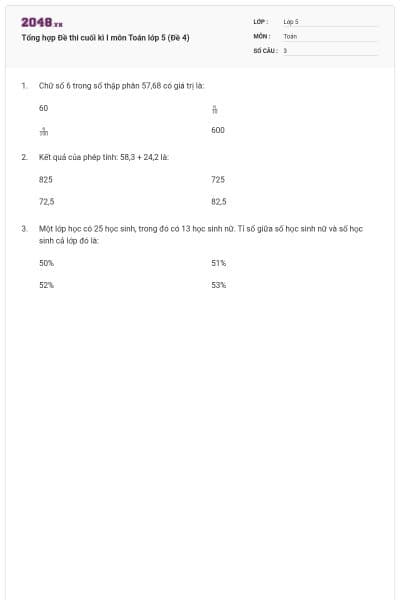 Tổng hợp Đề thi cuối kì I môn Toán lớp 5 (Đề 4)