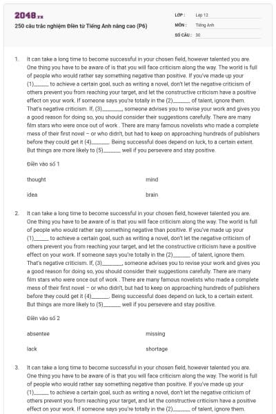 250 câu trắc nghiệm Điền từ Tiếng Anh nâng cao (P6)