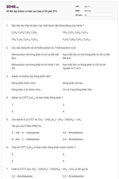 40 Bài tập Ankan cơ bản cực hay có lời giải (P1)