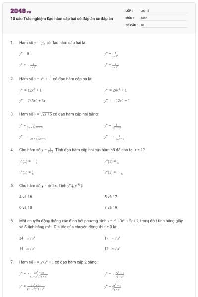 10 câu Trắc nghiệm Đạo hàm cấp hai có đáp án có đáp án