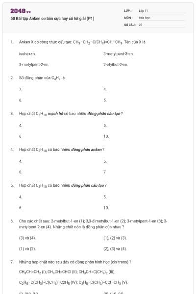 50 Bài tập Anken cơ bản cực hay có lời giải (P1)