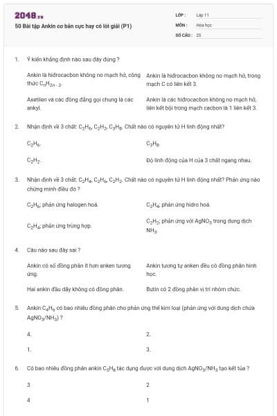 50 Bài tập Ankin cơ bản cực hay có lời giải (P1)