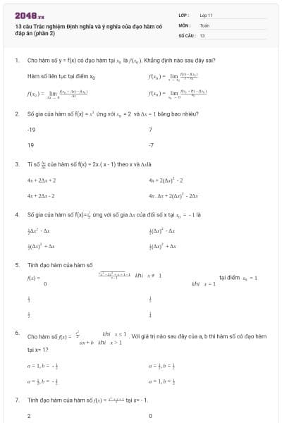 13 câu Trắc nghiệm Định nghĩa và ý nghĩa của đạo hàm có đáp án (phần 2)