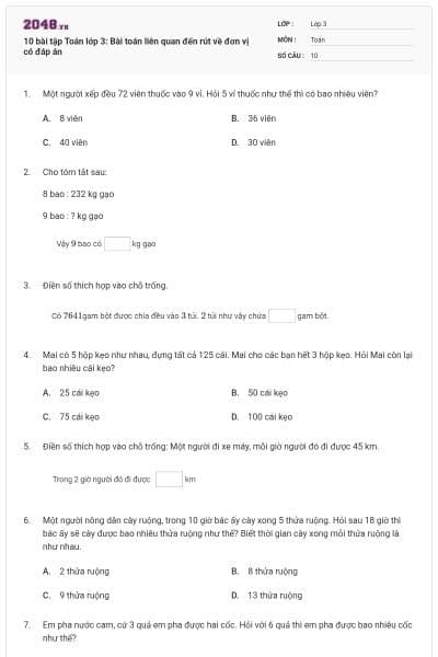 10 bài tập Toán lớp 3: Bài toán liên quan đến rút về đơn vị có đáp án